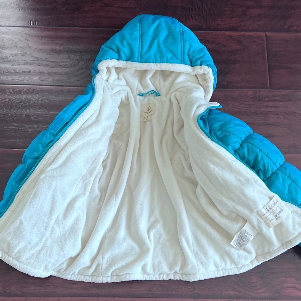 Lands End Kids Puffer Jacket Turquoise Blue Sherpa Lined Hooded Coat Size 4T‎